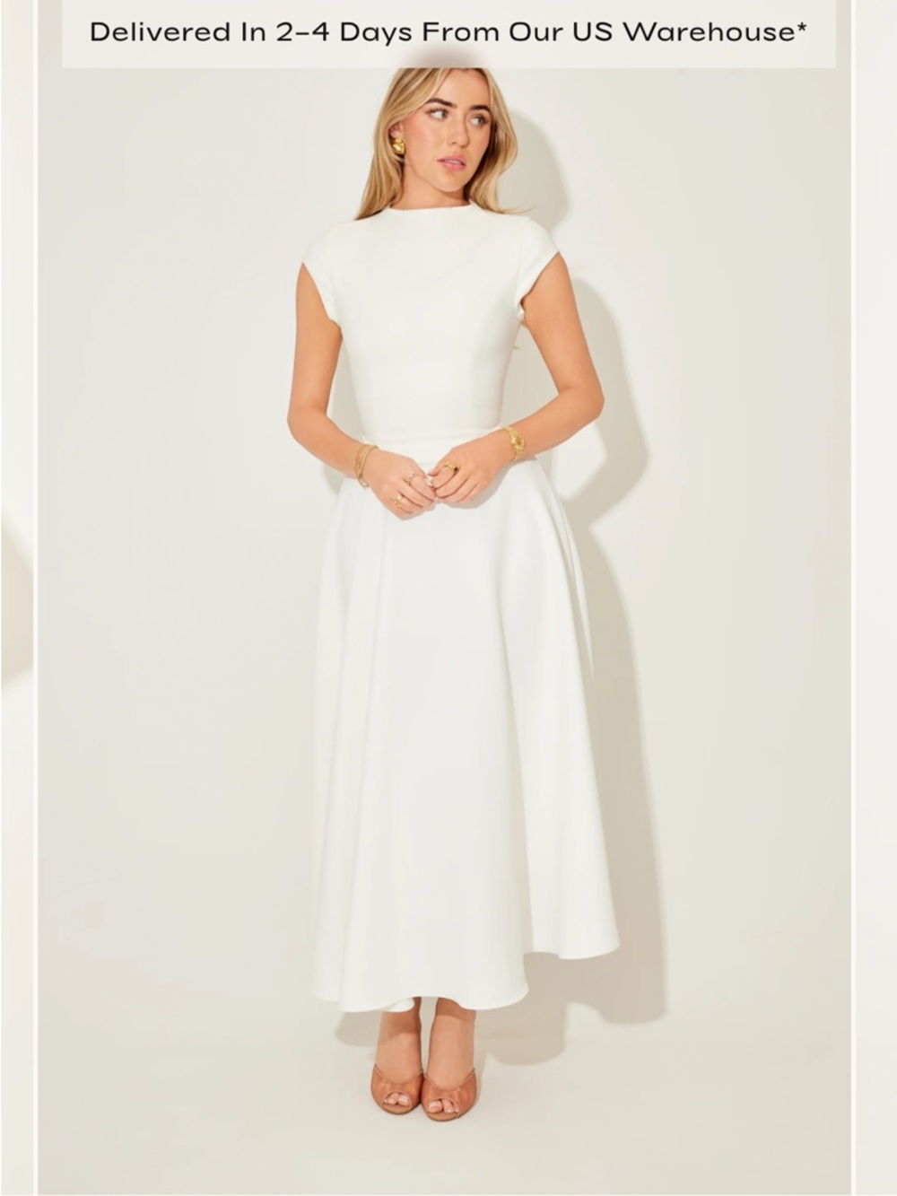 Sold Out Odd Muse Cap-Sleeve White Midi Dress with Fitted Bodice